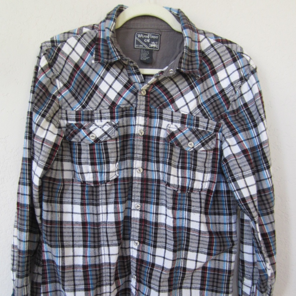 Wear First Mens Snap Button Flannel Plaid Medium Long Sleeve